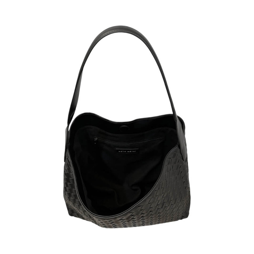 Black textured handbag on a white background