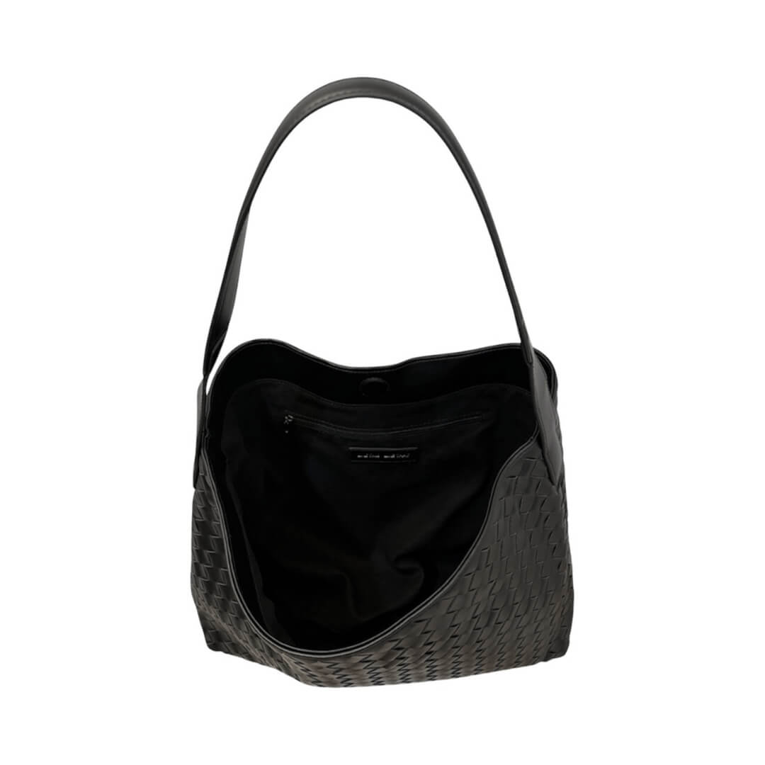 Black textured handbag on a white background