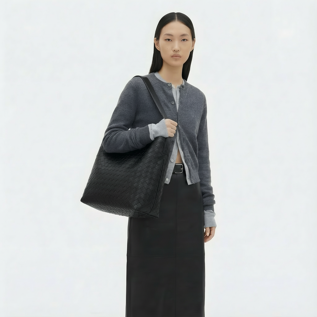 Person wearing a gray cardigan and black pants holding a black bag on a white background