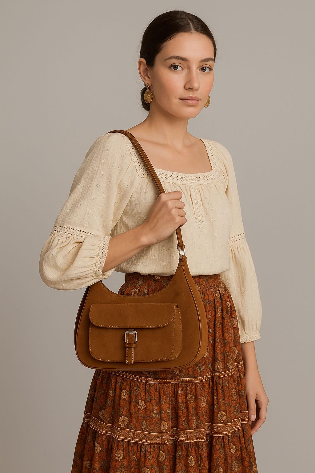 Woman holding a brown leather bag against a gray background