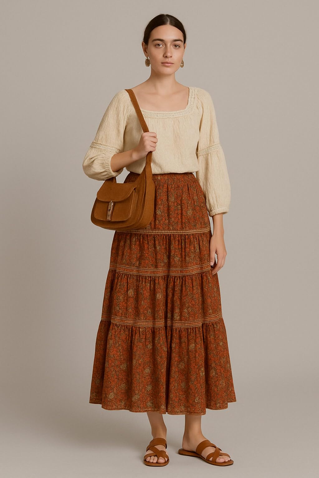 Woman wearing a beige top and brown patterned skirt, holding a brown bag on a plain background