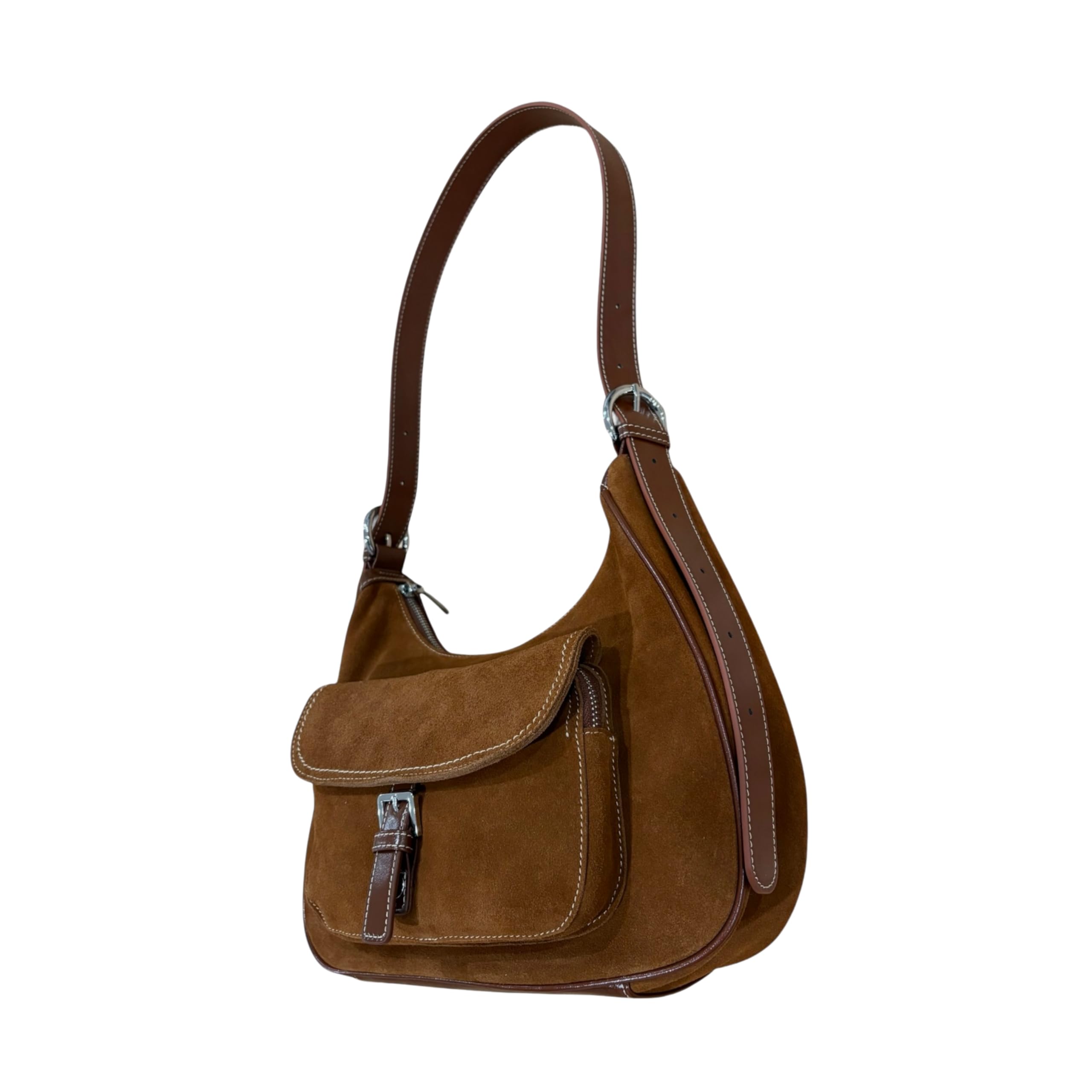Brown leather handbag on a white background