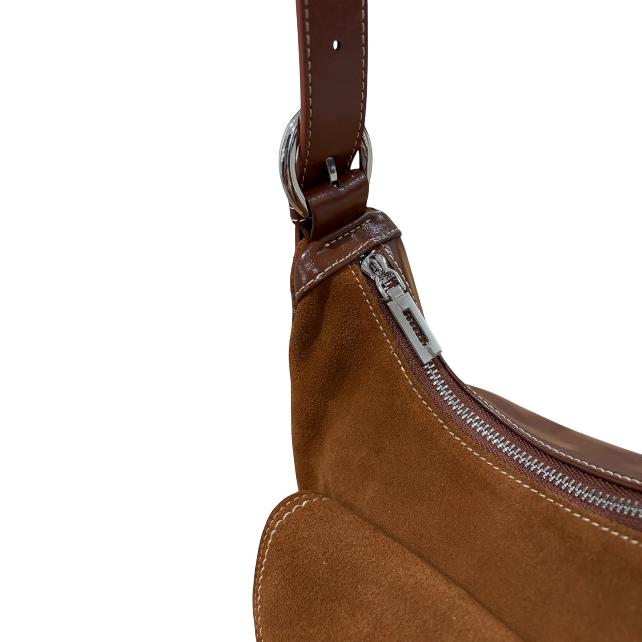 Brown leather handbag with a visible zipper on a white background