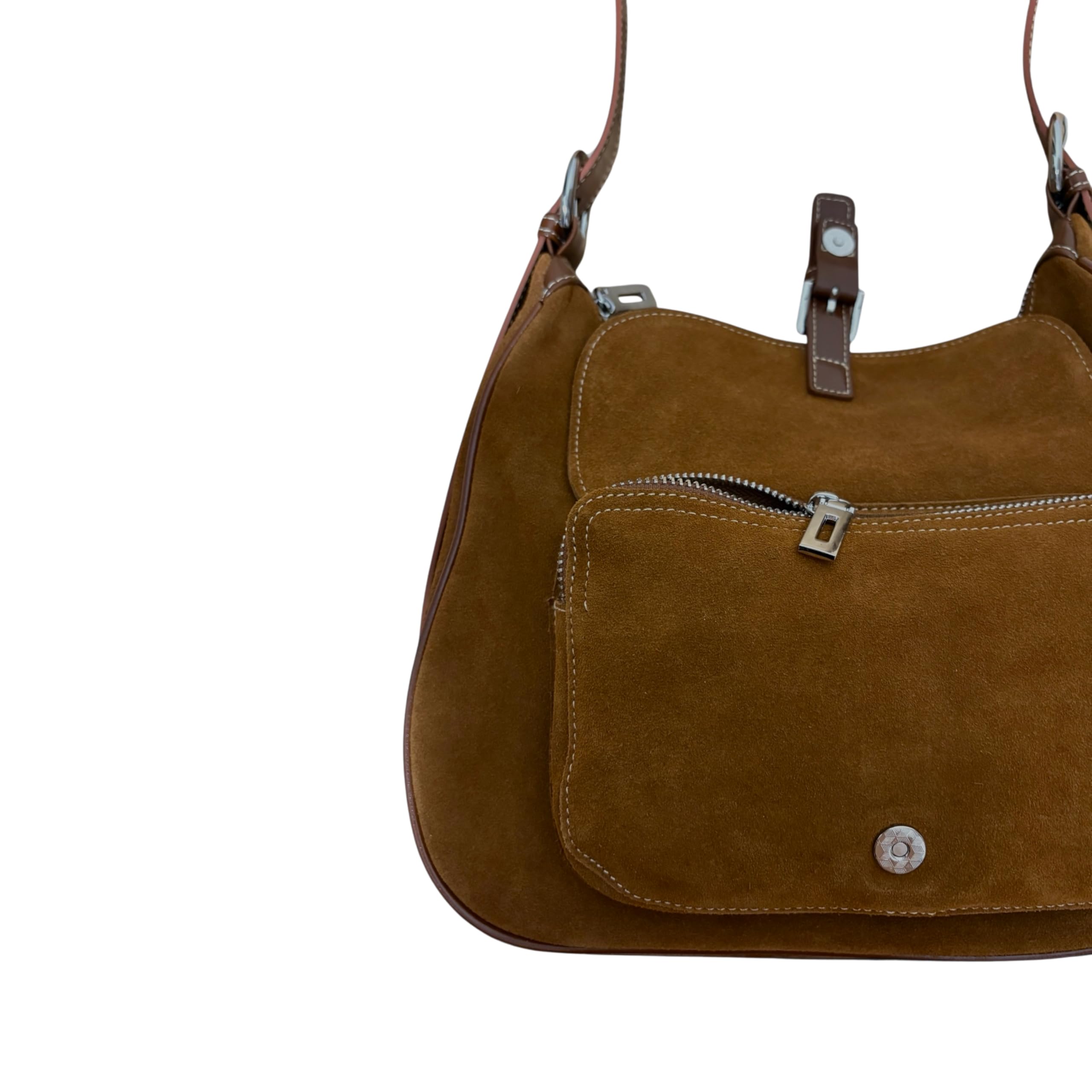 Brown leather handbag with a shoulder strap on a white background