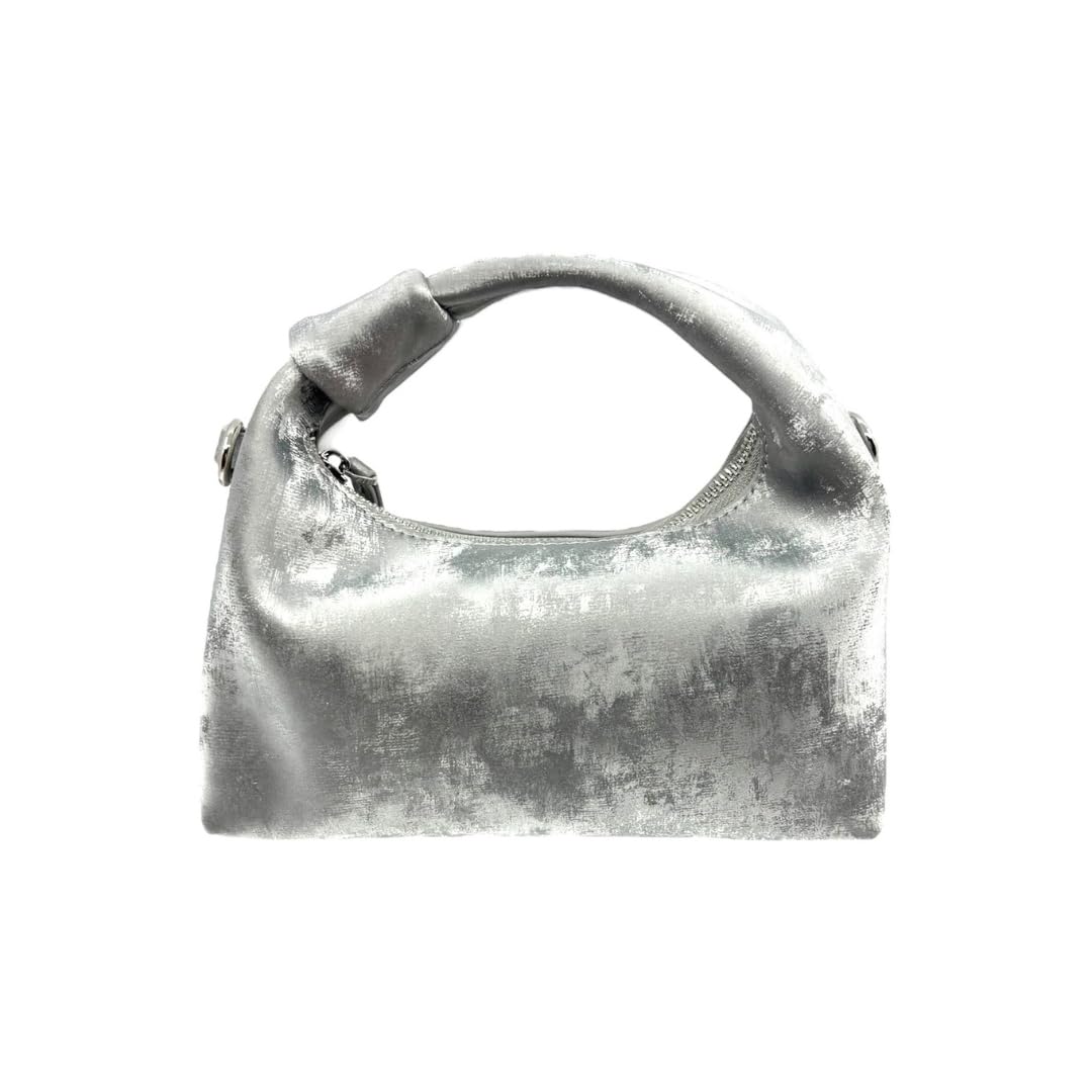Silver metallic handbag on a white background
