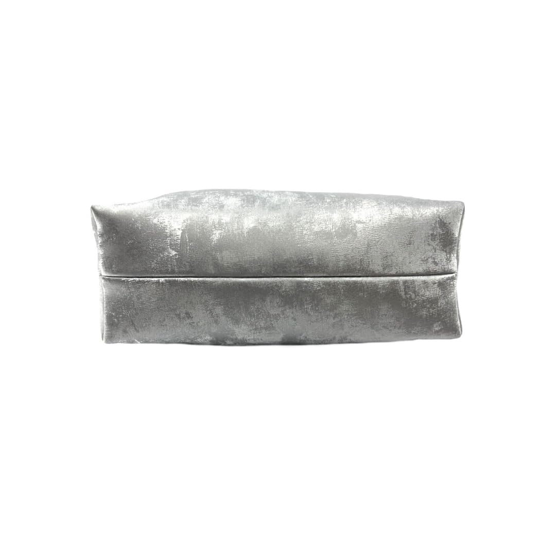 Silver metallic clutch bag on a white background