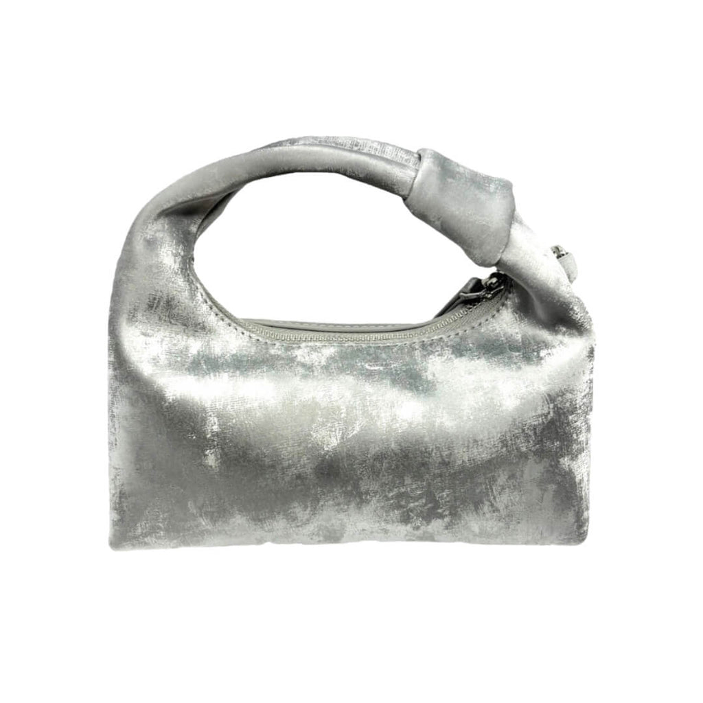 Silver metallic handbag on a white background