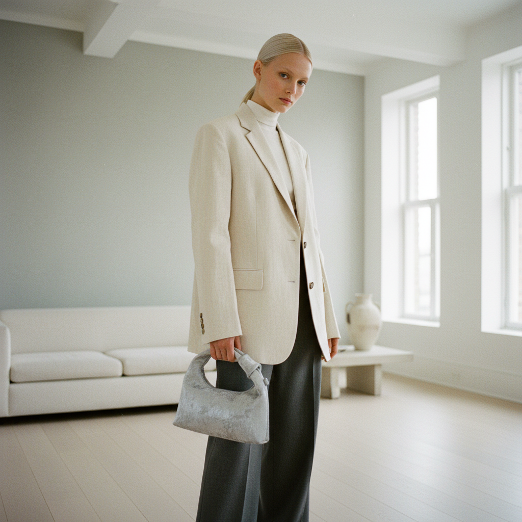 Woman in a stylish outfit holding a handbag in a minimalistic room.