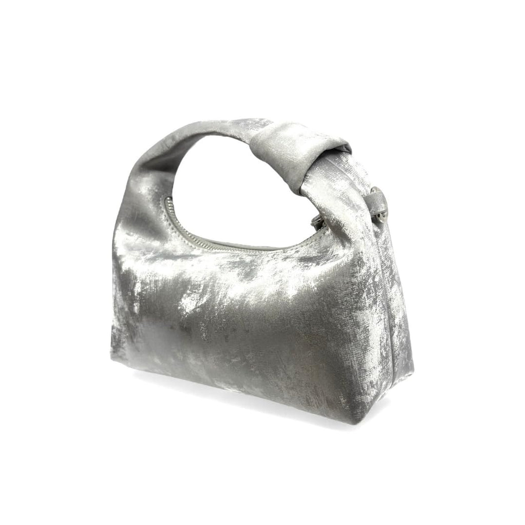 Silver metallic handbag on a white background