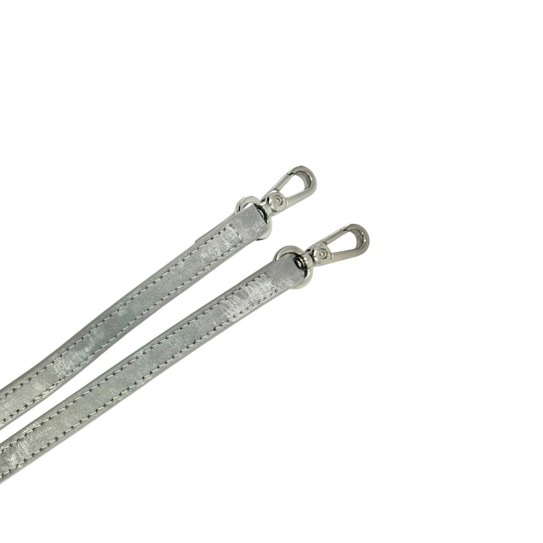 Silver metallic strap with metal hooks on a white background