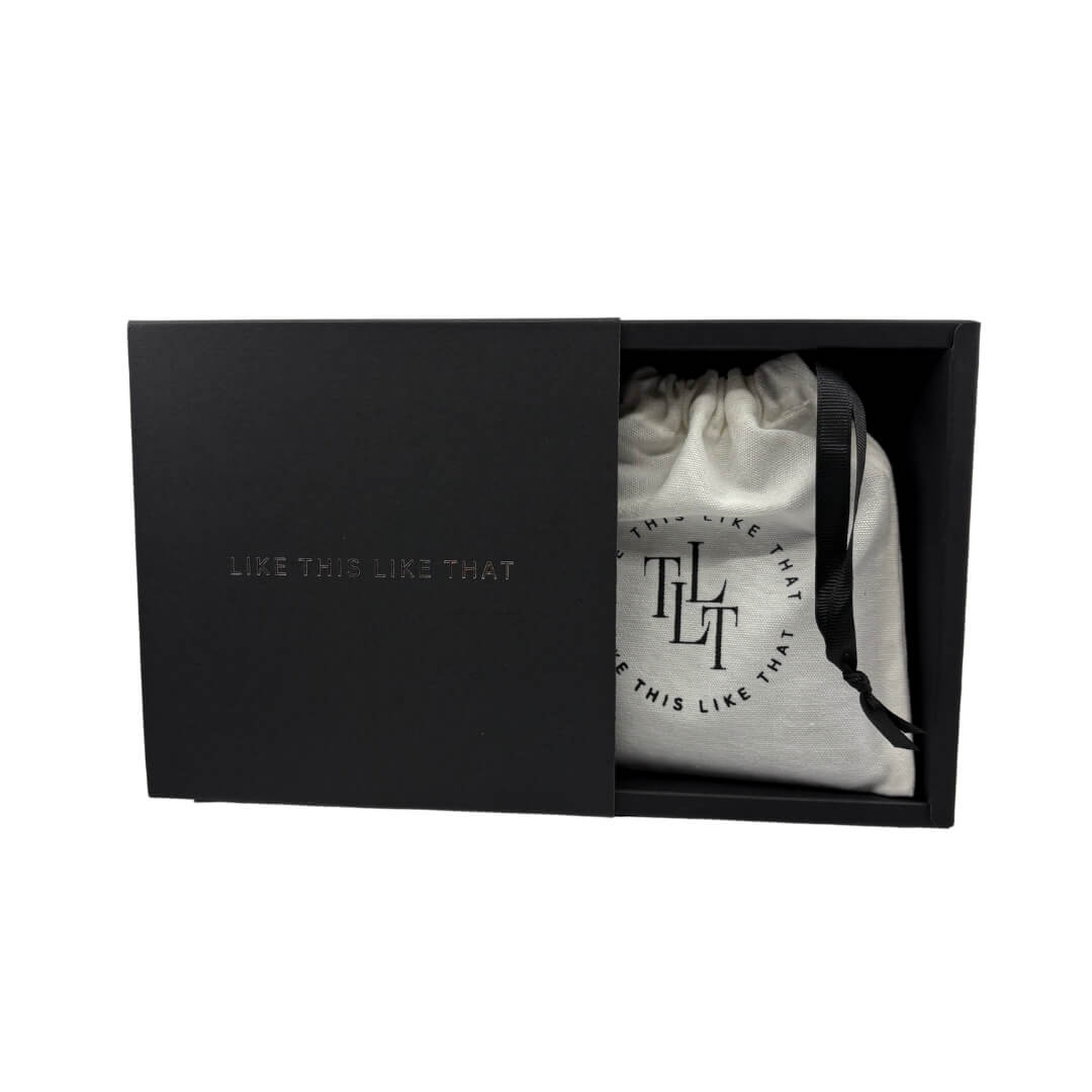 Black box with a white garment inside, featuring 'Like This Like That' branding.