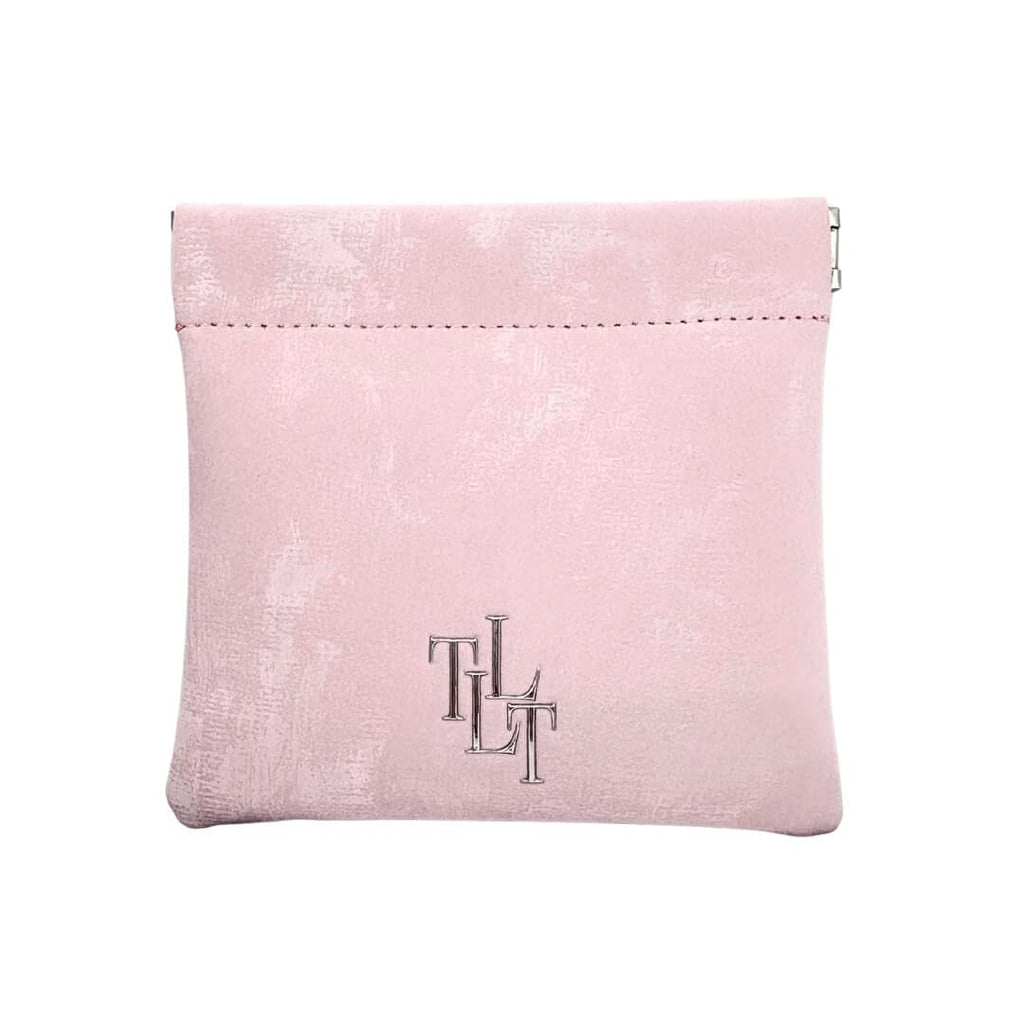 Pink pouch with a logo on a white background