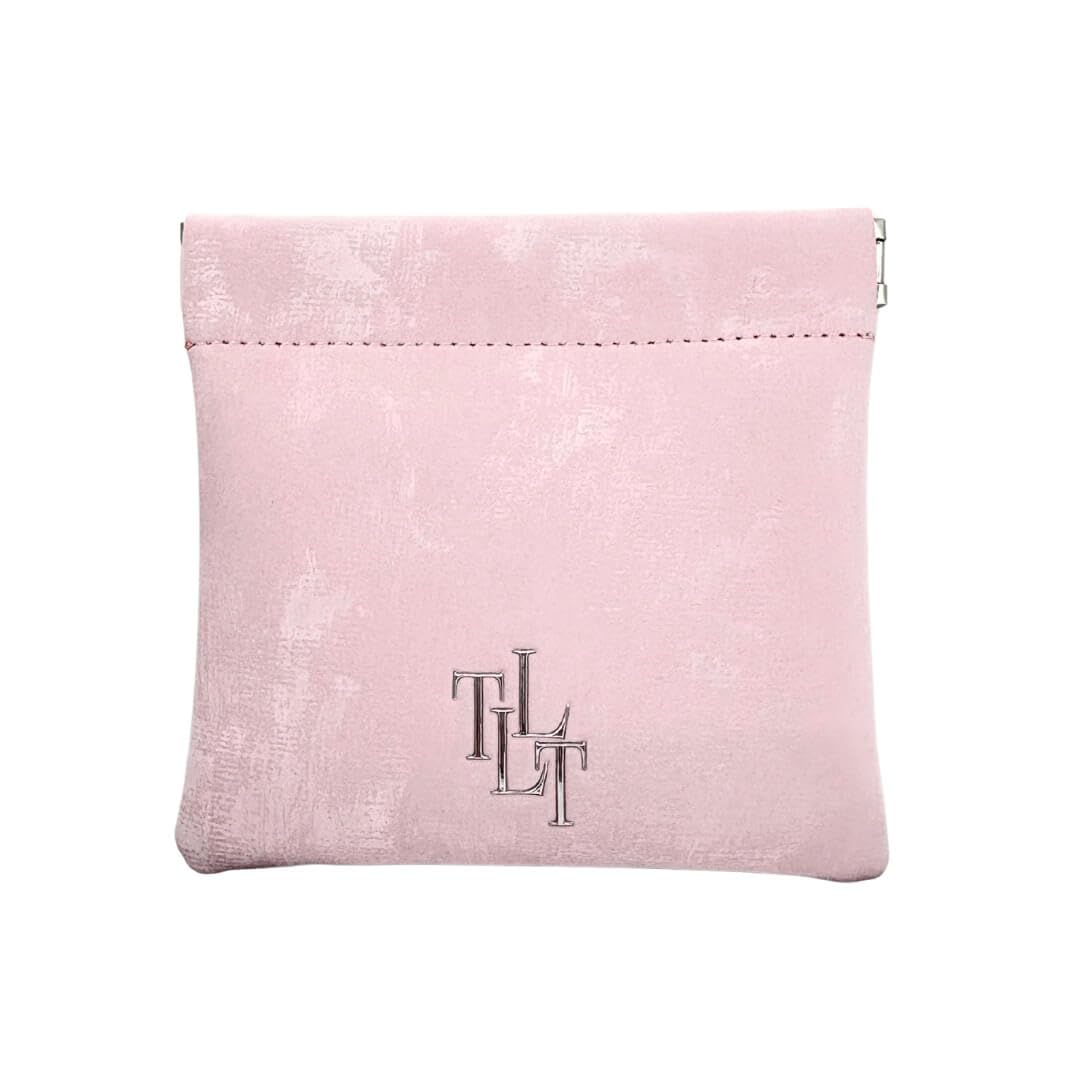 Pink pouch with a logo on a white background