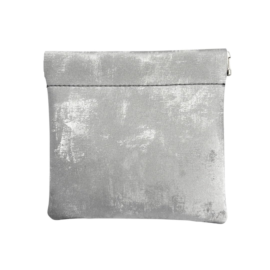 Silver metallic pouch on a white background